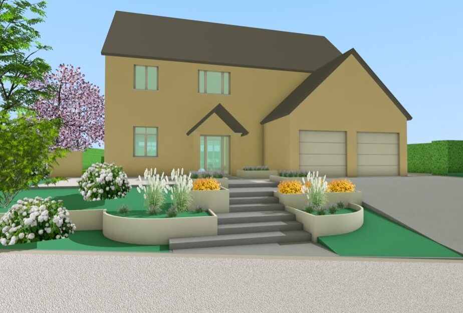 Vue 3D d'un aménagement d'entrée de maison à Sprimont.