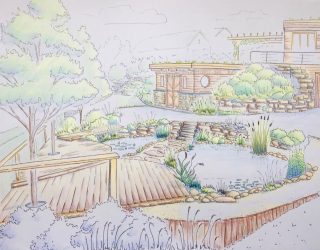Esquisse de l'aménagement d'un étang et d'un abri de jardin.